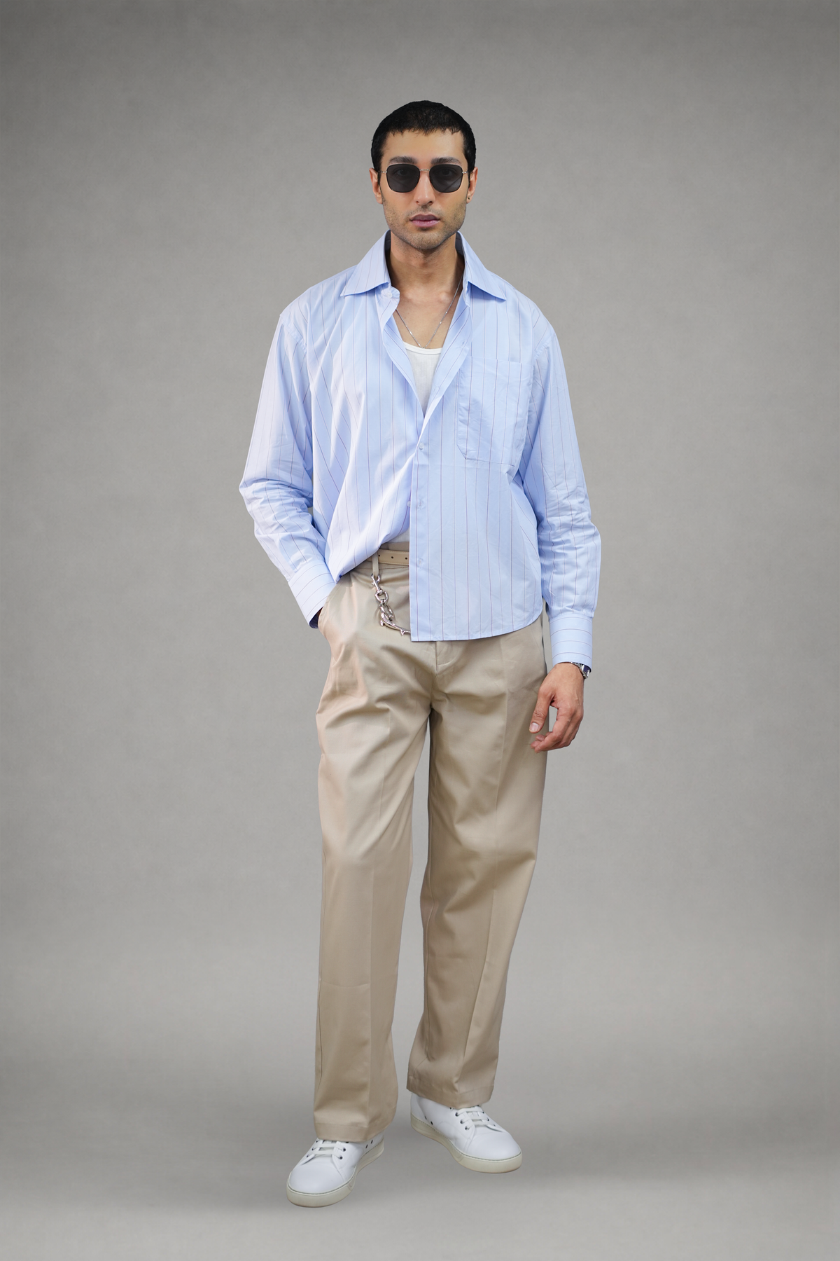 Long Collar Pinstripe Cropped Shirt