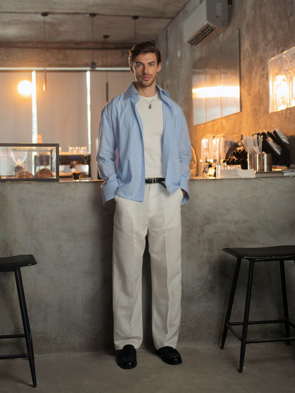 Long-Collar Pinstripe Shirt