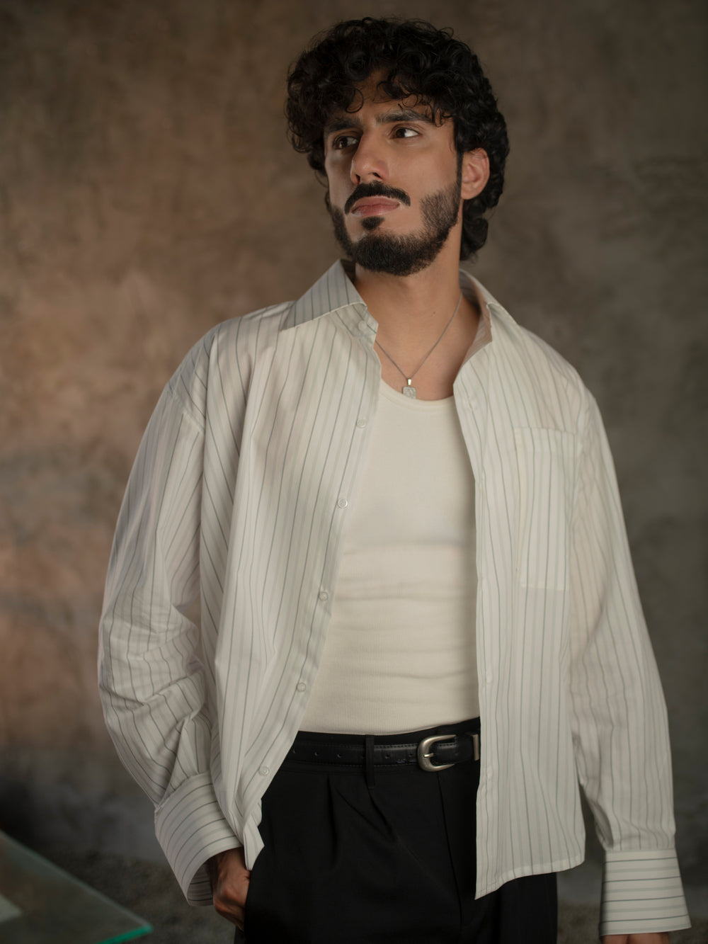 Long-Collar Pinstripe Shirt